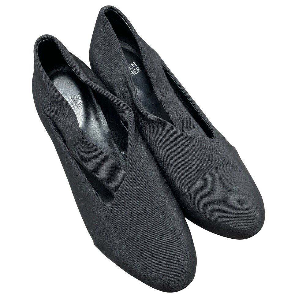 Eileen Fisher Pumps Womens 6.5 Black Ribbed Stretch Fabric Block Heel Vero Cuoio